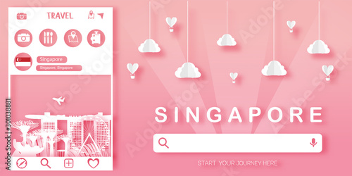 Travel Singapore in paper cut style. Vector illustration.