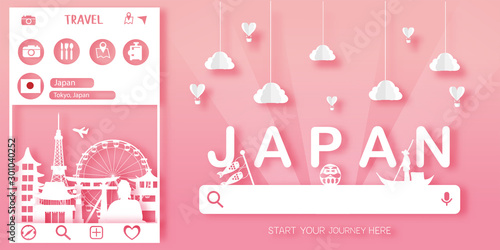 Tokyo, Japan Travel postcard , poster, tour advertising of world famous landmarks in paper cut style.