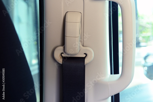 the seat belt hanger with adjustment level button near the handle in a car