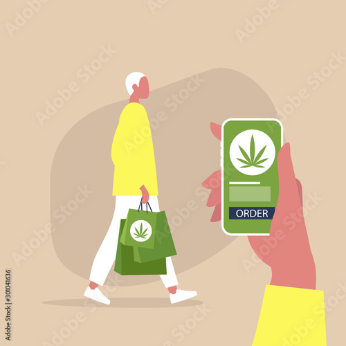 Cannabis online store, mobile interface, young male character walking with paper shopping bags, millennial lifestyle