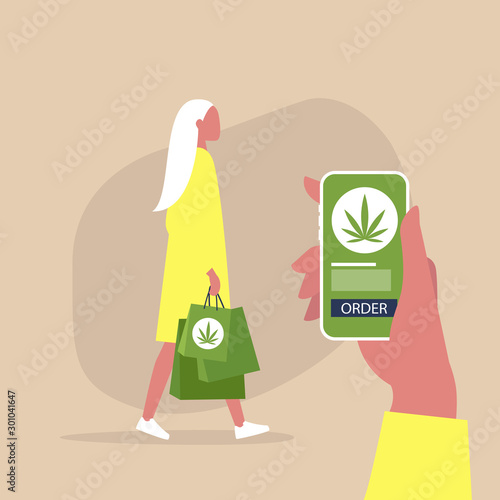 Cannabis online store, mobile interface, young female character walking with paper shopping bags, millennial lifestyle
