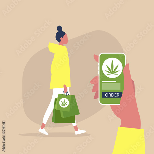 Cannabis online store, mobile interface, young female character walking with paper shopping bags, millennial lifestyle