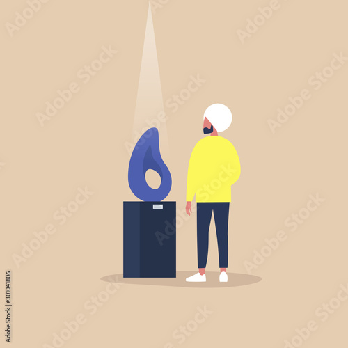 Young indian male character standing in front of a contemporary sculpture in a modern art gallery