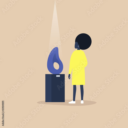 Young black female character standing in front of a contemporary sculpture in a modern art gallery