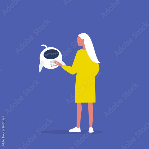 Enter pin code, young female character making a purchase with a cute robot pos machine, new financial technologies