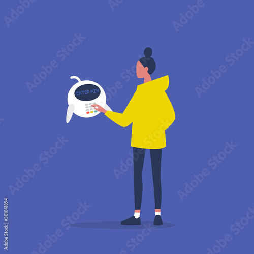 Enter pin code, young female character making a purchase with a cute robot pos machine, new financial technologies