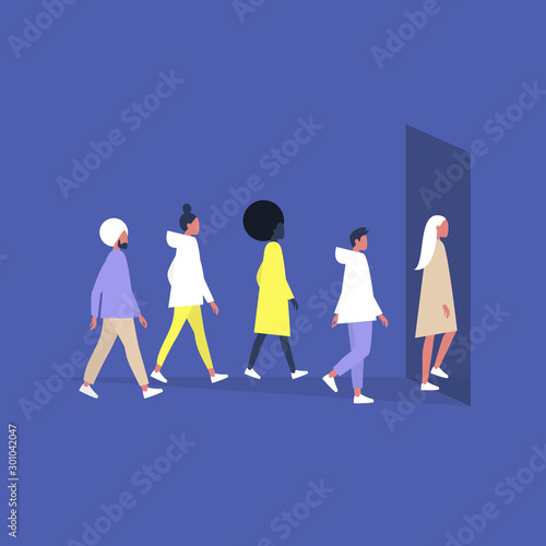 A diverse group of young millennial people walking into a building entrance, daily life