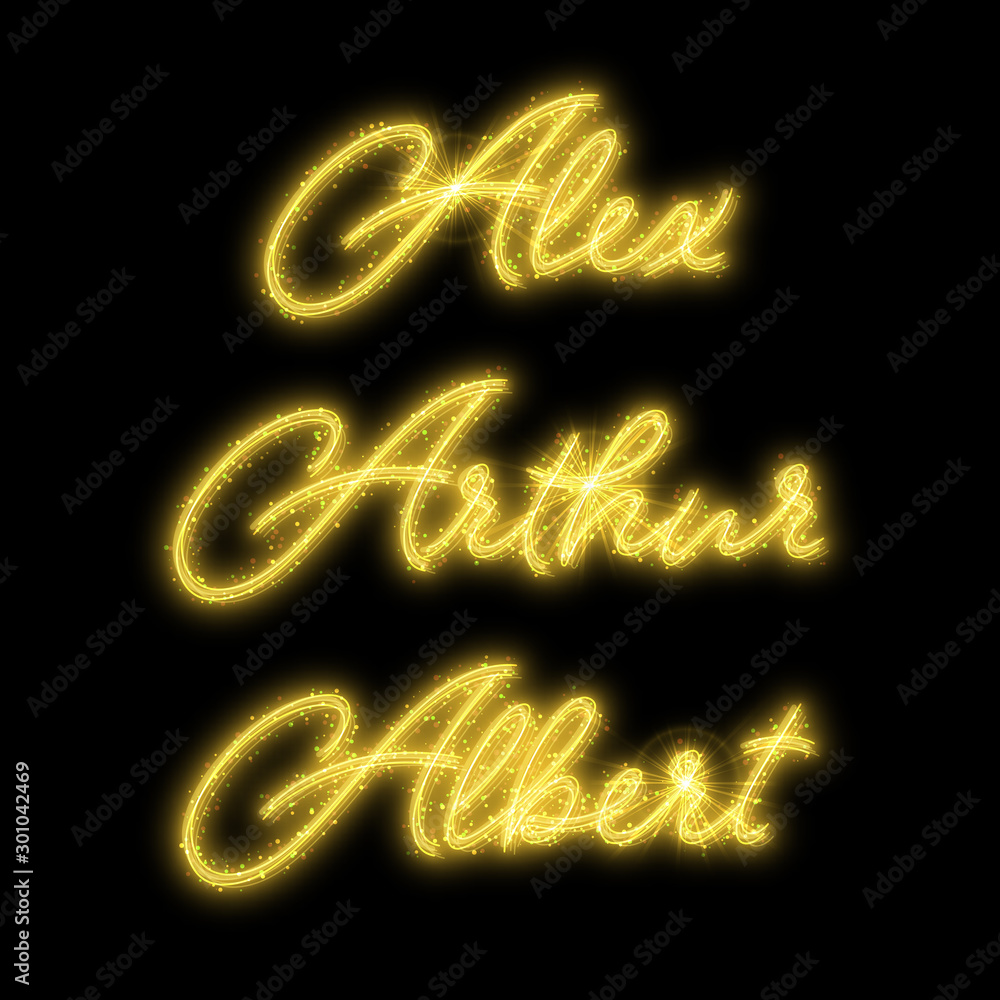 Male names made of sparkler. Design element for birthday card, bachelor party or wedding invitation Male names made of sparkler. Design element for birthday card, bachelor party or wedding invitation