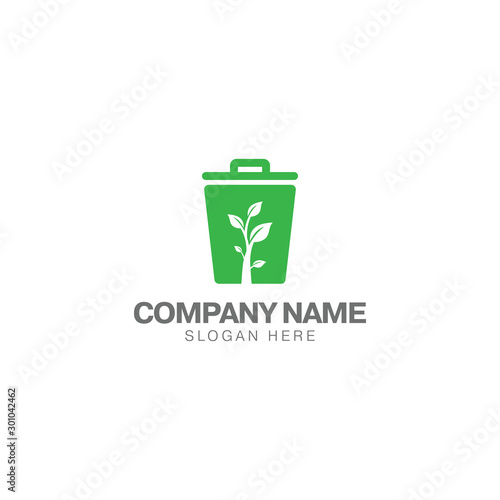 Green trash can logo, trash can and green plant vector design template