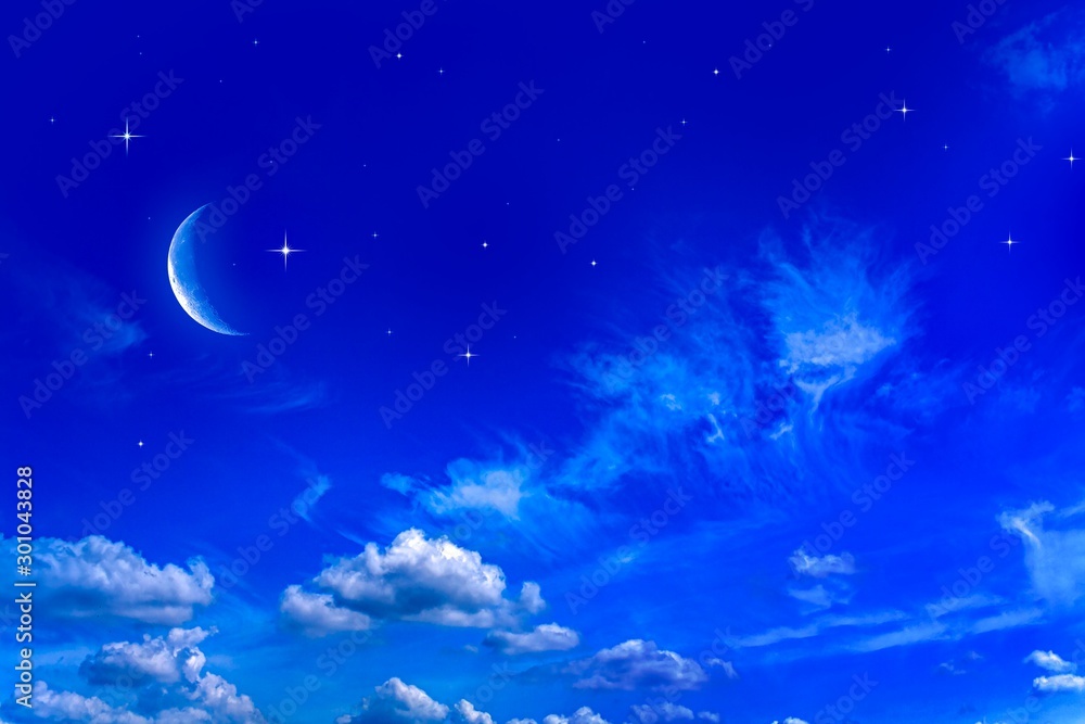 New moon . Religion background . The sky at night with stars. Ramadan background . Prayer time . Moon and beautiful night with stars