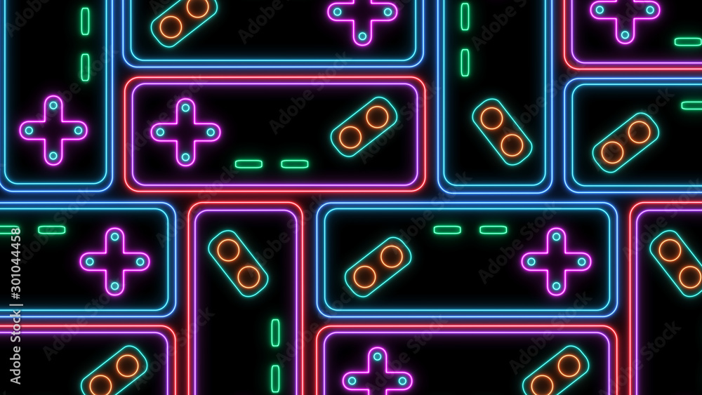 Retro Sci-Fi Background. Neon sign of Game Controller of the 80`s. Futuristic design in the style of the 1980`s. Concept of gaming