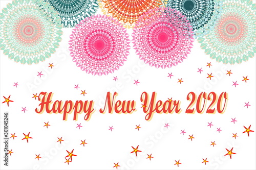 Happy New Year 2020. Merry Christmas Greeting Card. New Year's design - Set of soft pastel color Mandala Patterns as a symbol of snow with congratulation text. 