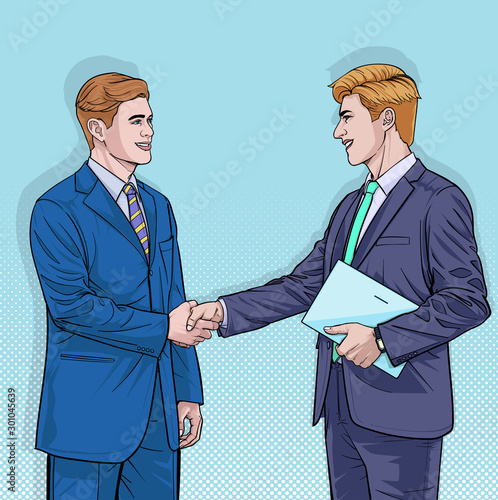 Businessmen 2 Business people shake hands Illustration vector On pop art comics style Abstract dots background