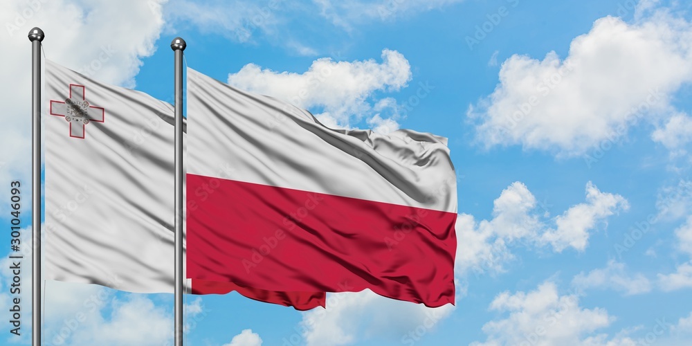 Malta and Poland flag waving in the wind against white cloudy blue sky together. Diplomacy concept, international relations.