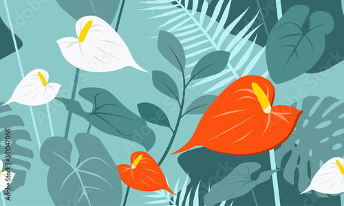 Seamless vector texture of tropical flowers and leaves. Anthurium, monstera in the jungle. Blooming garden of Eden in summer.