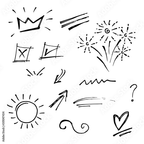 Hand drawn doodle vector design element set. firework  swoops  swirl  arrow  heart  love  crown  flower  star  starburst  ribbon  highlight text and emphasis element. use for concept design