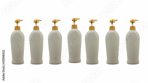 White 7 plasstic bottle on white background, fluid pump container for cosmetic product, cosmetic plastic bottle with dispenner pump package. photo