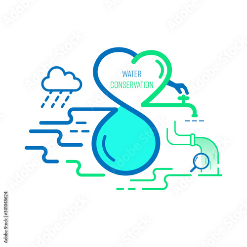 Water conservation infographic background. Water drop icon as a gimmick imply to water management symbol and the practice of using water efficiently. Vector illustration outline flat design style.