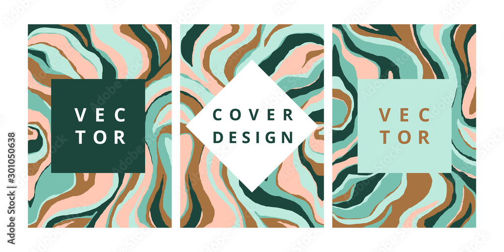Obraz premium Fashion set of abstract banner with malachite texture. Modern design template with freehand striped background. Stylish cover for business, brochure and branding design. Vector illustration