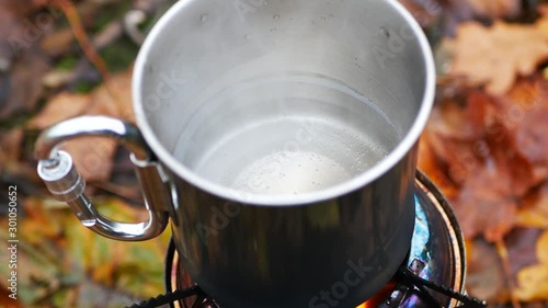 Boil water oven open flame on the woodgas stove in the autumn forest photo