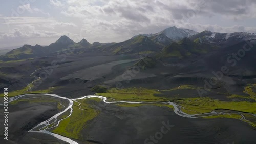 A drone video from the Highlands of South Iceland showing black sands, green moss and snow in the mountains. photo