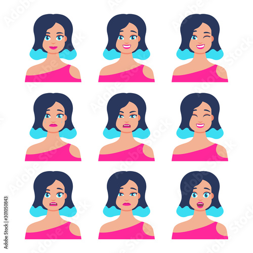 Set of young female icon with emotions in cartoon style. Girl avatar profile with facial expression. Characters portraits in bright colors. Isolated vector illustration in flat design