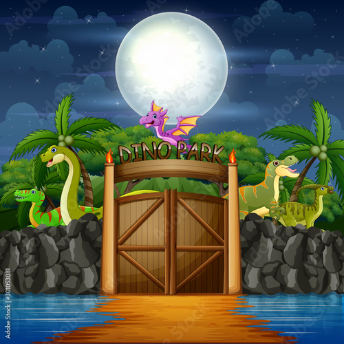 Cartoon dinosaurs on the dino park at night landscape