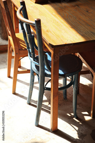 close up wooden chair and table in restaurant  chair and table in vintage style