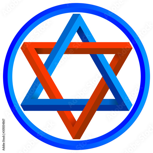 Star of David from two colored impossible triangles in a circle. Jewish hexagonal star sacred geometry religion symbol. Vector logo.