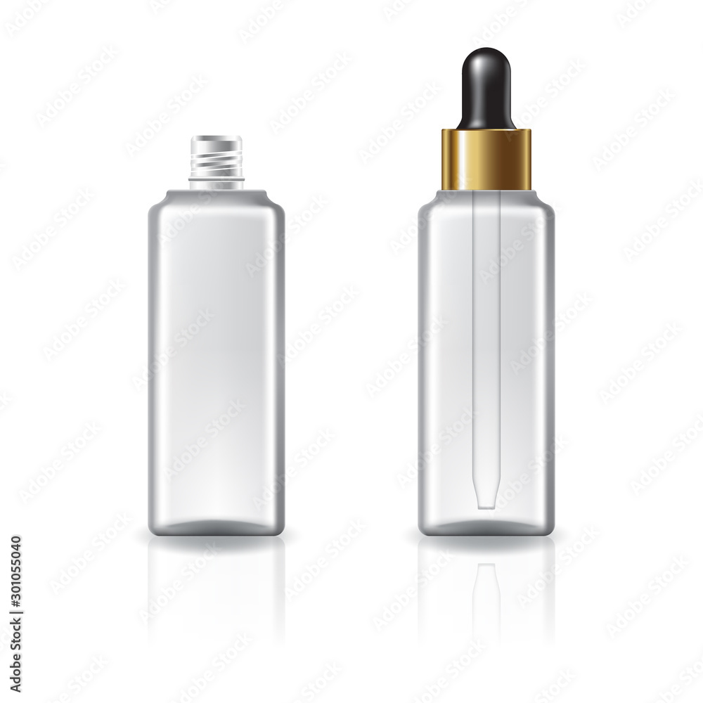 Clear square cosmetic bottle with dropper lid and gold ring for beauty or healthy product. Clear square cosmetic bottle with dropper lid and gold ring for beauty or healthy product.