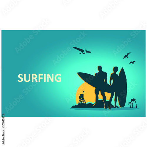 Woman and muscular man posing with surfboard. Palm and lifeguard tower on backdrop. Air plane and birds in the sky. Tropical island landscape. Happy couple at sunrise
