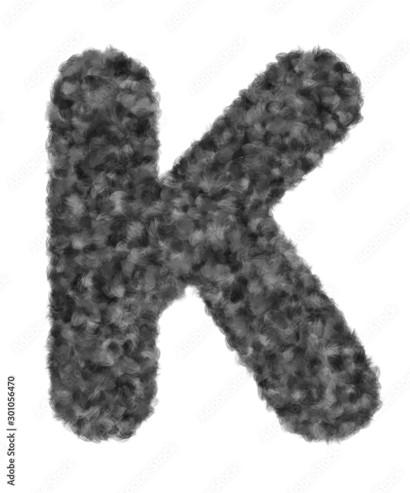 3D “Black wool wolf fur letter K” creative decorative with brush animal hair, Character K isolated in white background has clipping path and dicut. Design font for Modern fashion concept. 3D “Black wool wolf fur letter K” creative decorative with brush animal hair, Character K isolated in white background has clipping path and dicut. Design font for Modern fashion concept.