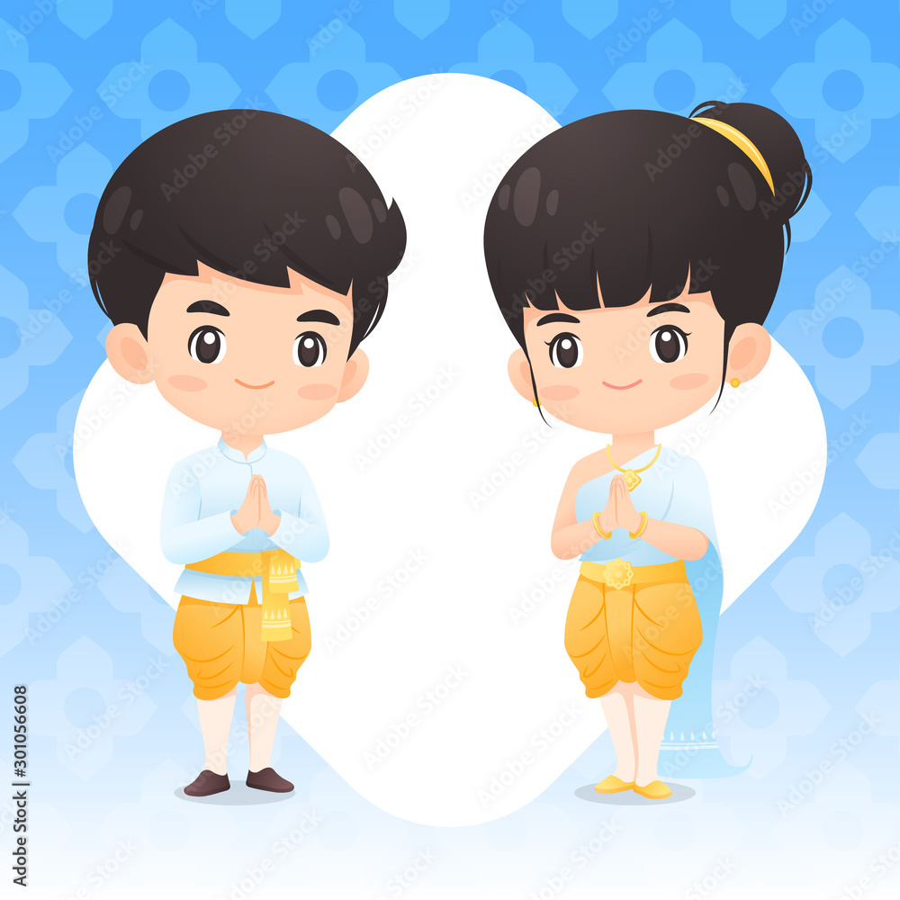 Cute Thai boy and girl character in traditional costume greeting Cute Thai boy and girl character in traditional costume greeting