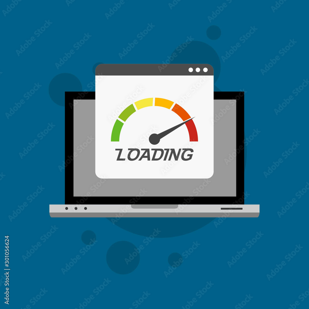 Laptop browser with speedometer test showing loading speed time. Vector illustration Laptop browser with speedometer test showing loading speed time. Vector illustration