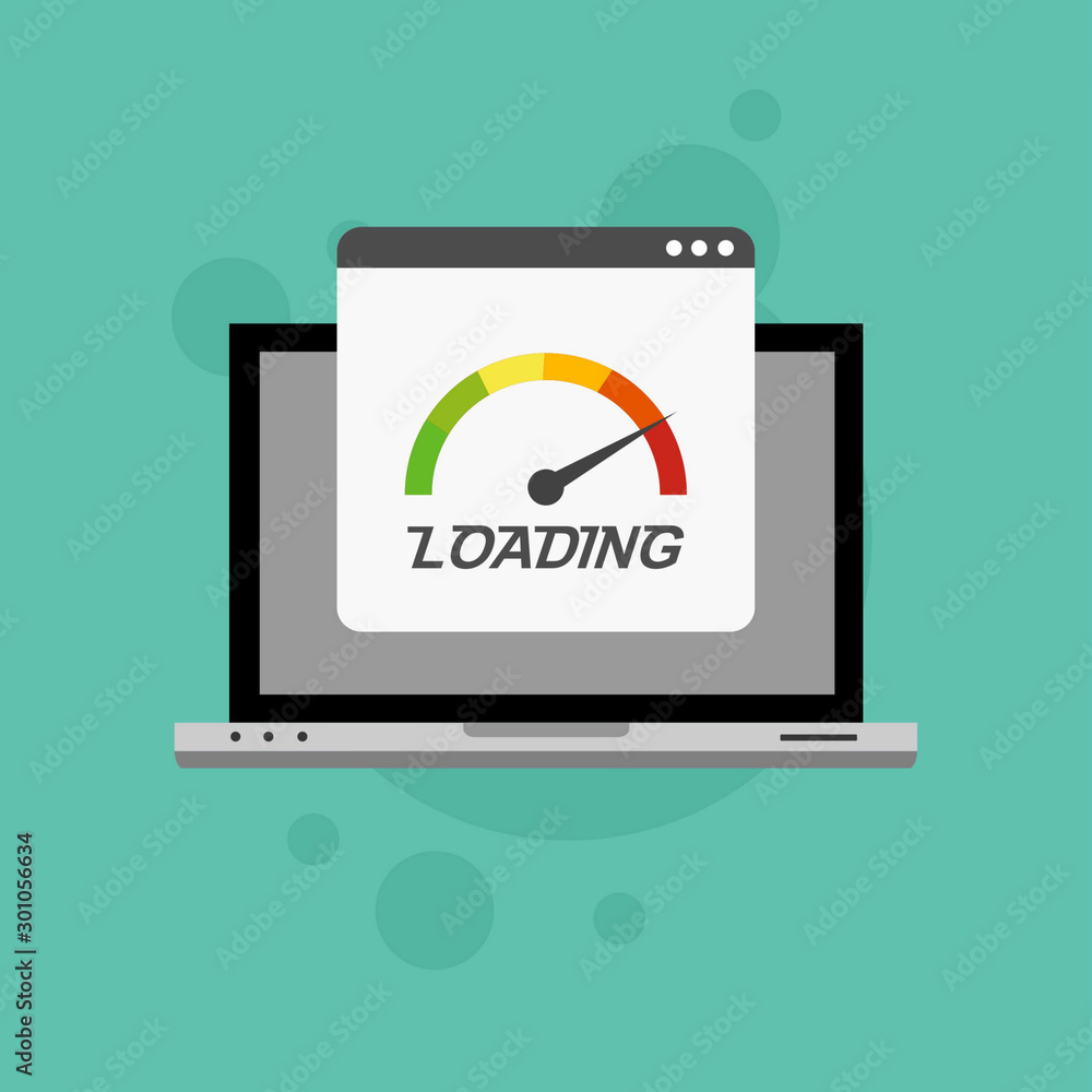 Fototapeta premium Laptop browser with speedometer test showing loading speed time. Vector illustration