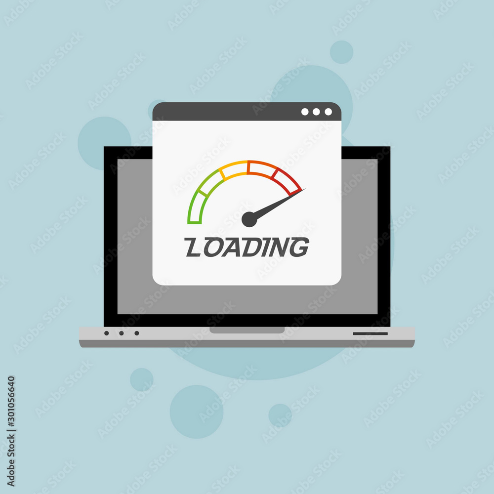 Laptop browser with speedometer test showing loading speed time. Vector illustration Laptop browser with speedometer test showing loading speed time. Vector illustration