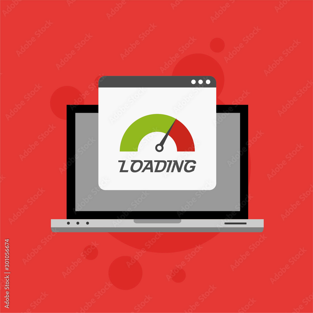Laptop browser with speedometer test showing loading speed time. Vector illustration Laptop browser with speedometer test showing loading speed time. Vector illustration