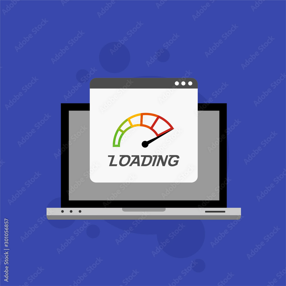 Laptop browser with speedometer test showing loading speed time. Vector illustration