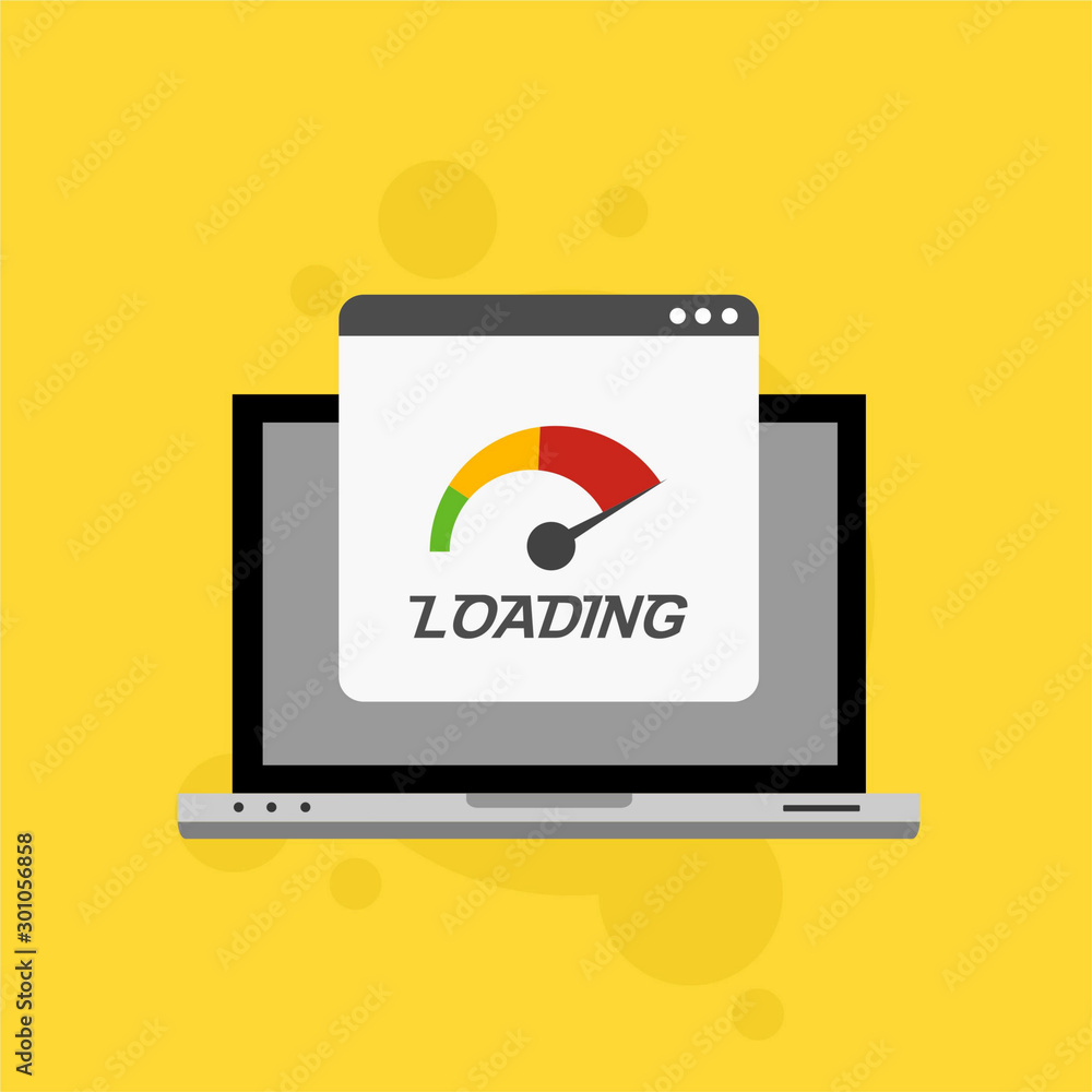 Laptop browser with speedometer test showing loading speed time. Vector illustration Laptop browser with speedometer test showing loading speed time. Vector illustration