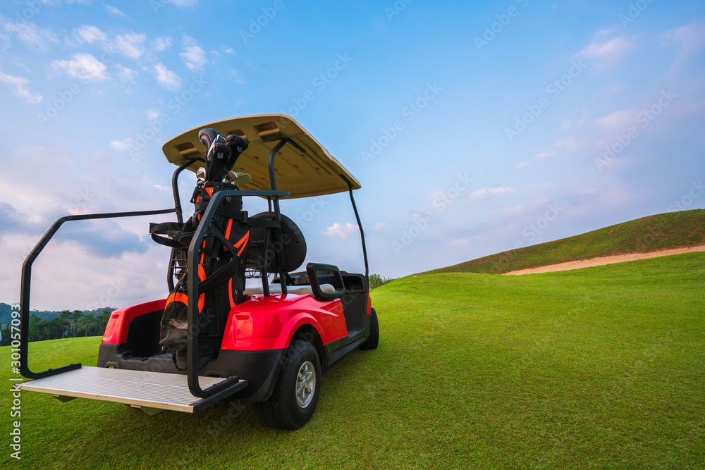 Rear view Red golf cart on green lawn with blue sky and cloud for background backdrop use