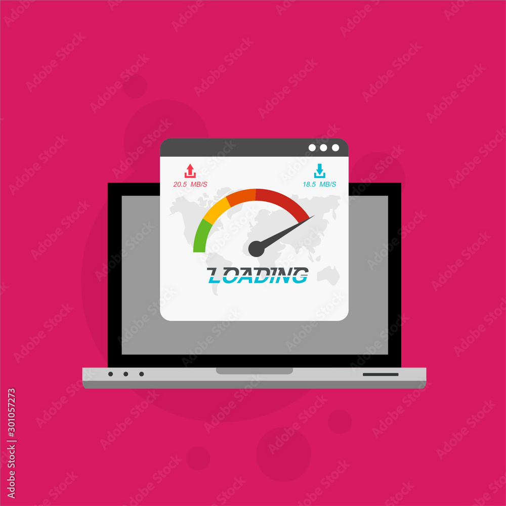 Laptop with speed test on the screen. Flat design people and technology concept. Vector illustration for web banner, business presentation, advertising material. Laptop with speed test on the screen. Flat design people and technology concept. Vector illustration for web banner, business presentation, advertising material.