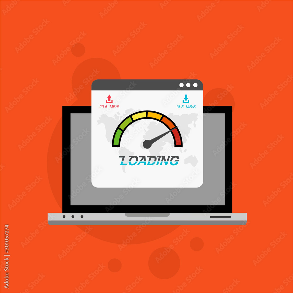 Laptop with speed test on the screen. Flat design people and technology concept. Vector illustration for web banner, business presentation, advertising material. Laptop with speed test on the screen. Flat design people and technology concept. Vector illustration for web banner, business presentation, advertising material.
