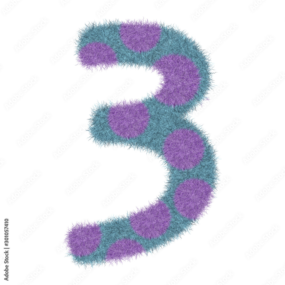 3D Animal Fur Blue color with Purple Polka dots Number 3 (Three), decorative character element isolated in white background has clipping path and dicut. Design font Fashion and beauty concept. 3D Animal Fur Blue color with Purple Polka dots Number 3 (Three), decorative character element isolated in white background has clipping path and dicut. Design font Fashion and beauty concept.