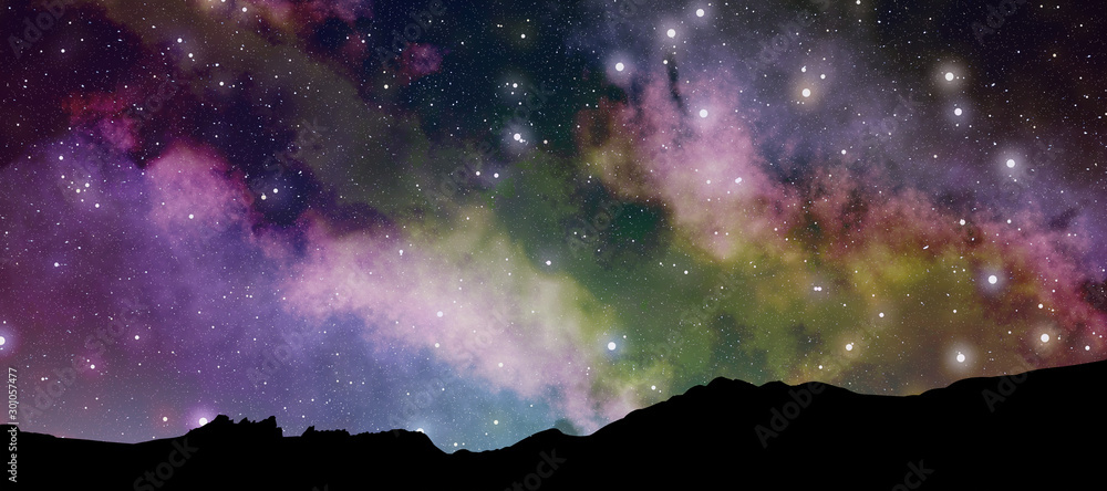 Colorful panoramic landscape: starry night/milky way galaxy.  (Plane backplate, 3D rendering computer digitally generated illustration.) - obrazy, fototapety, plakaty 