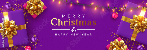 Holiday banner Merry Christmas and Happy New Year. Xmas design with realistic festive objects, purple gift box, lilac ball, light lamps garland, glitter gold confetti. Horizontal poster, flat top view
