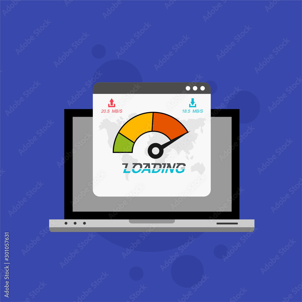 Laptop with speed test on the screen. Flat design people and technology concept. Vector illustration for web banner, business presentation, advertising material. Laptop with speed test on the screen. Flat design people and technology concept. Vector illustration for web banner, business presentation, advertising material.