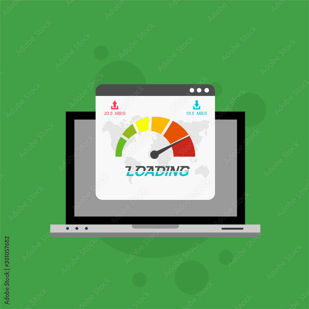 Laptop with speed test on the screen. Flat design people and technology concept. Vector illustration for web banner, business presentation, advertising material. Laptop with speed test on the screen. Flat design people and technology concept. Vector illustration for web banner, business presentation, advertising material.