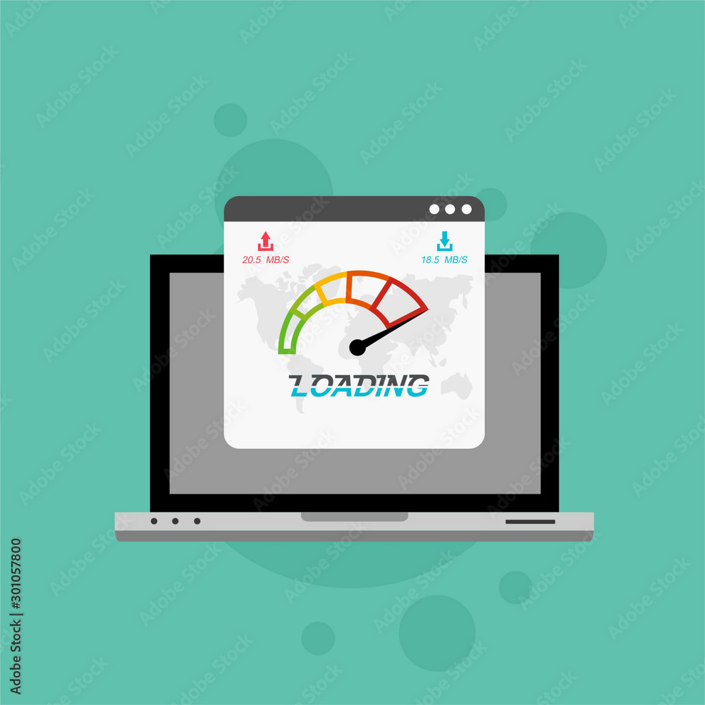 Laptop with speed test on the screen. Flat design people and technology concept. Vector illustration for web banner, business presentation, advertising material. Laptop with speed test on the screen. Flat design people and technology concept. Vector illustration for web banner, business presentation, advertising material.