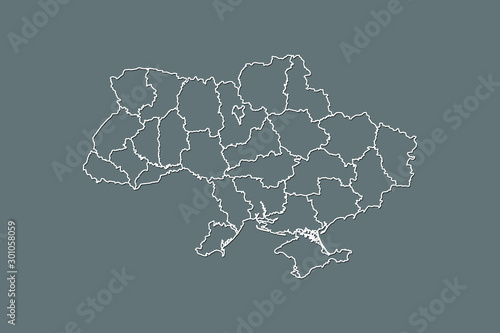 Ukraine vector map with border lines of regions using gray color on dark background illustration