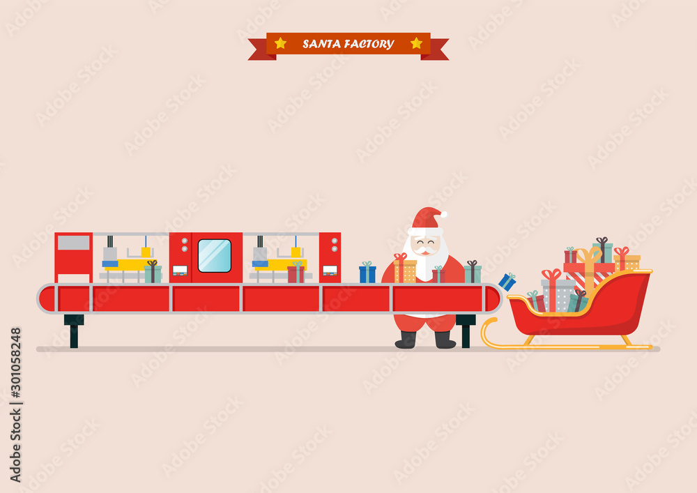 Santa sleigh waiting a gift boxes from robot belt machine